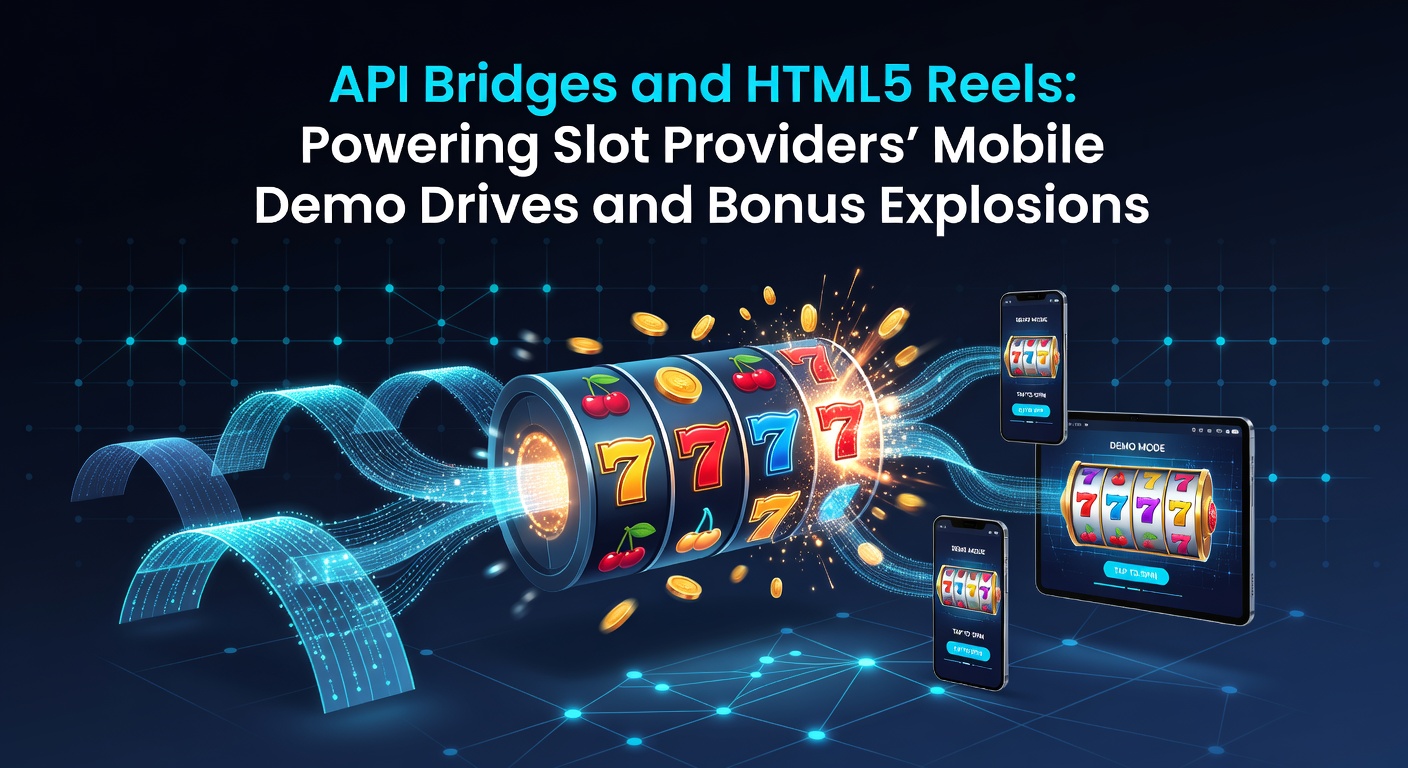 Illustration of interconnected API bridges linking slot reels to mobile devices, showcasing seamless data flow for demos and bonuses