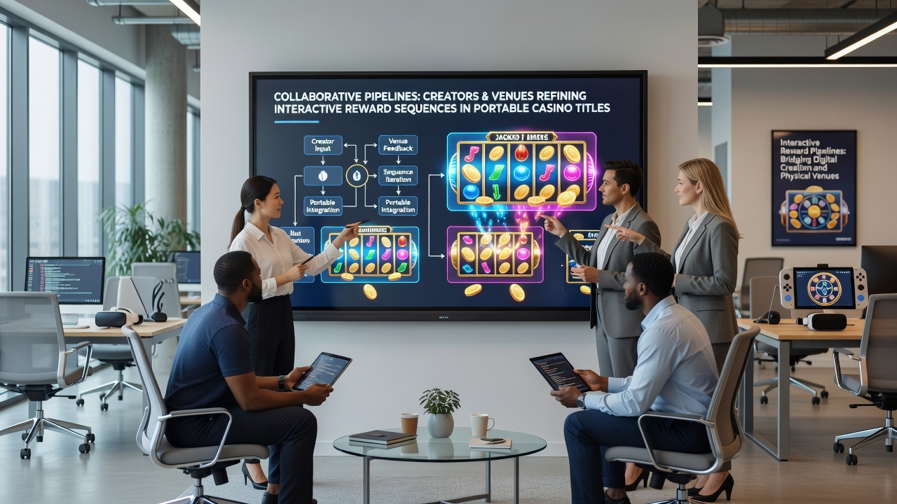 Illustration of game developers and casino operators collaborating on mobile slot reward systems through shared data pipelines