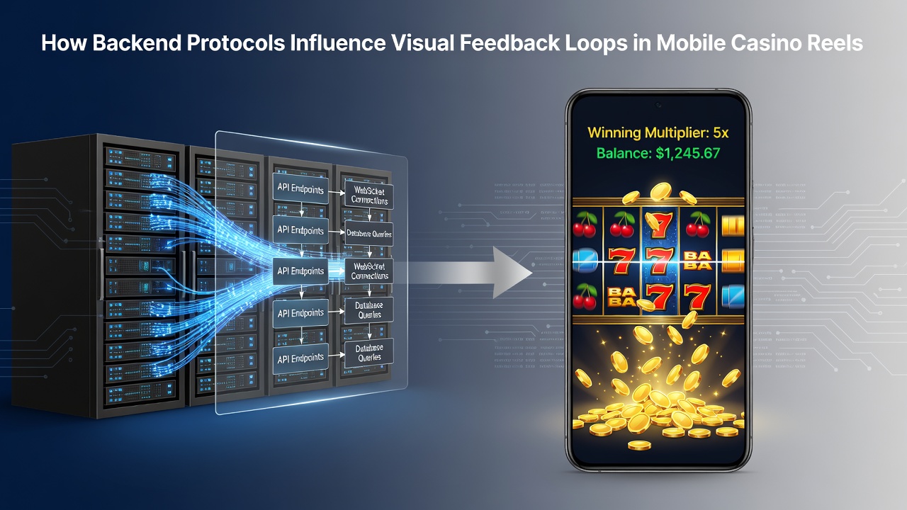 Diagram illustrating backend communication pathways and their impact on mobile reel animations in casino applications