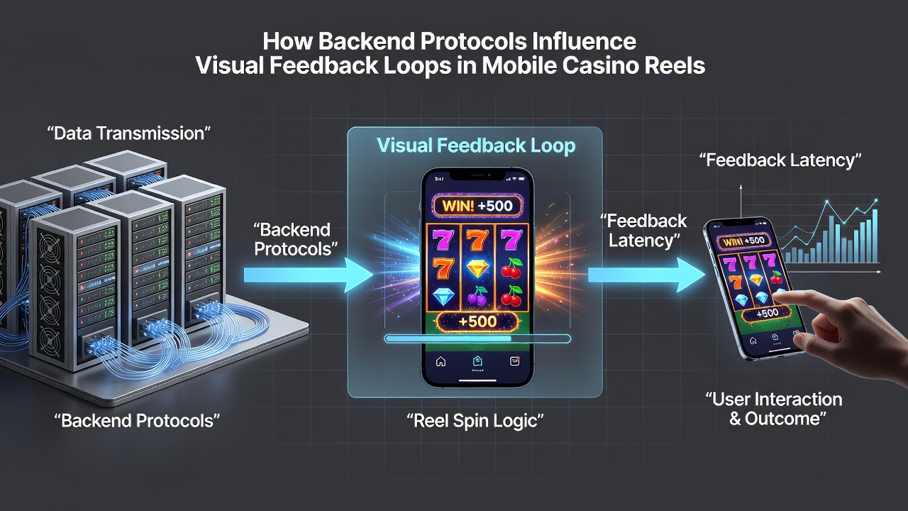 Illustration of data flow between servers and mobile interfaces affecting reel spin visuals and timing
