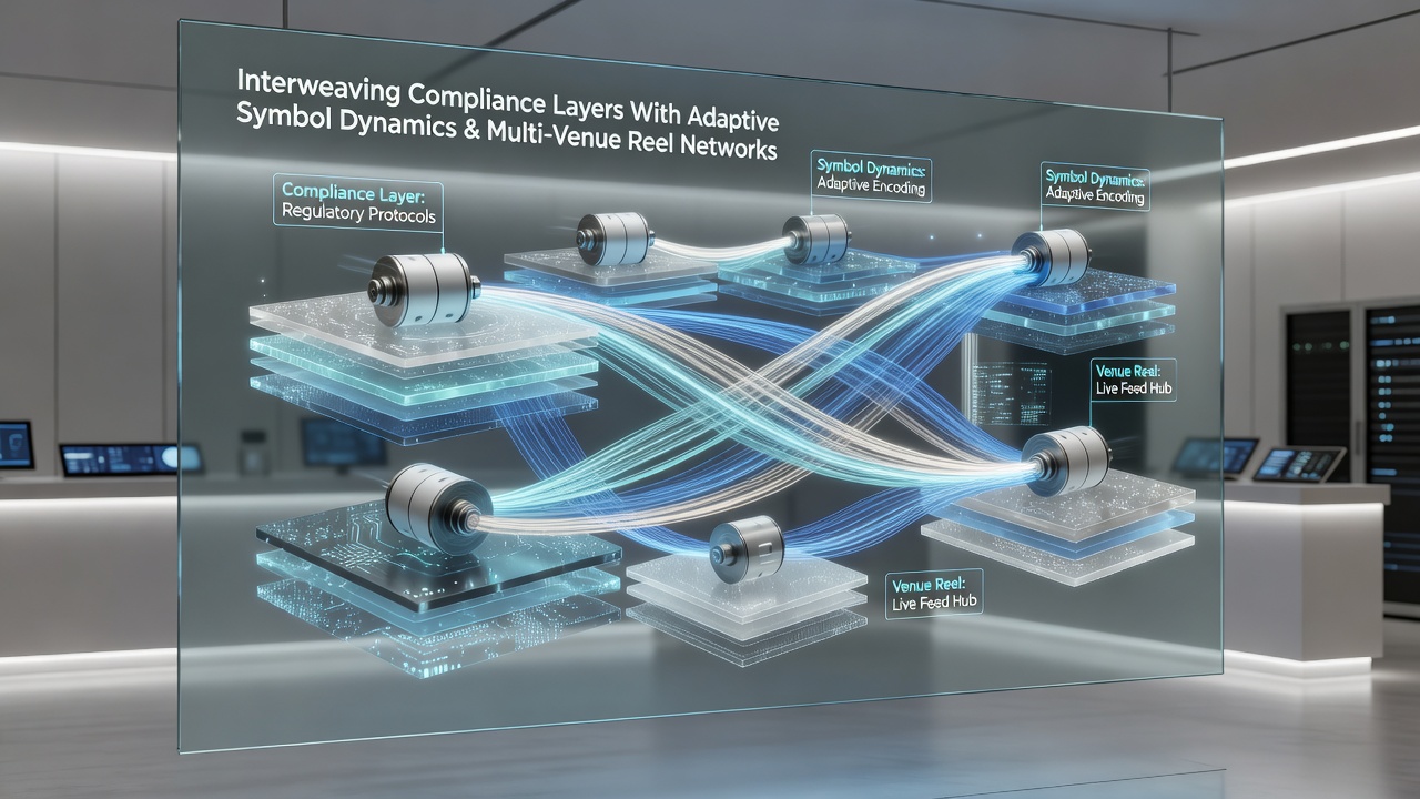 Illustration of multi-venue reel networks with layered compliance and dynamic symbols