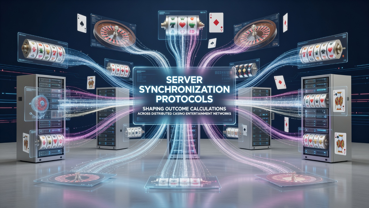 Diagram illustrating server synchronization protocols connecting multiple nodes in a distributed casino network for consistent outcome calculations