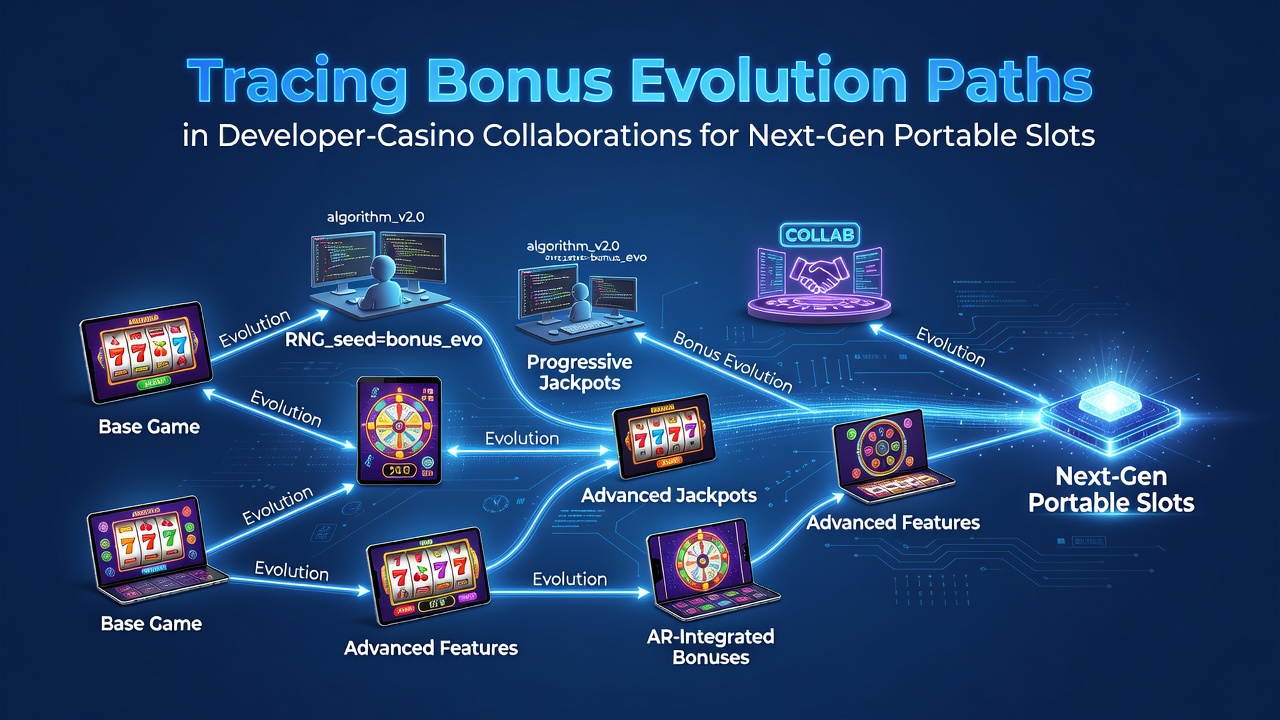 Diagram showing the progression of bonus mechanics through developer and casino partnerships in mobile slot development